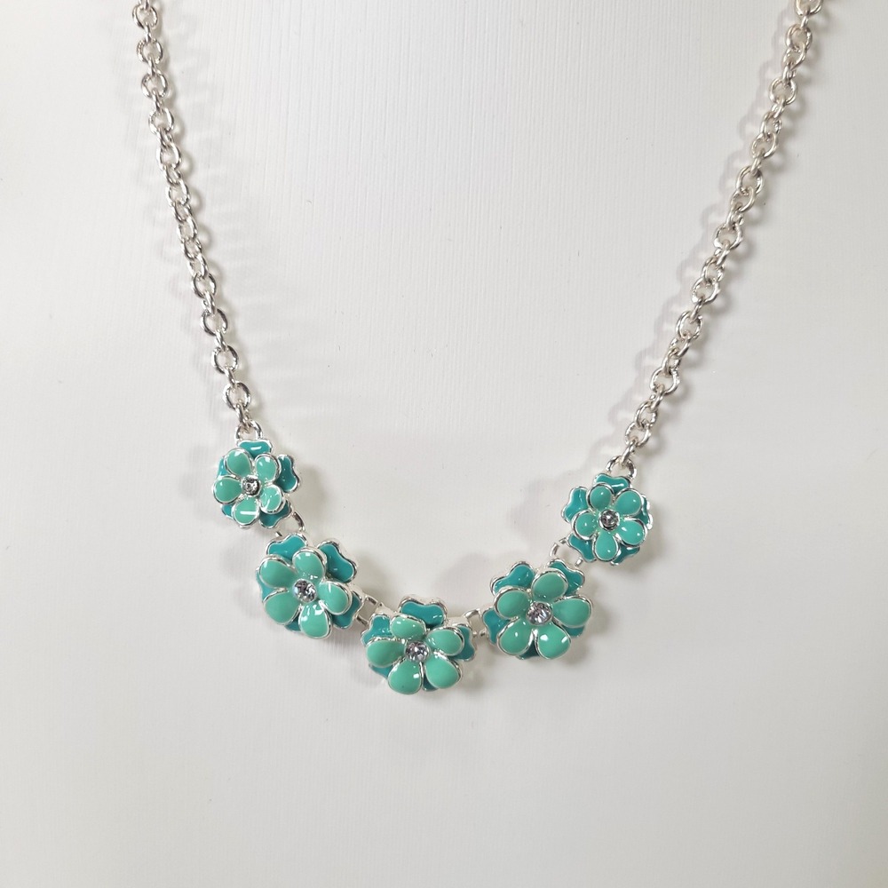 Napier Enamel Flower Necklace Womens Teal Silver Rhinestone Floral Garden